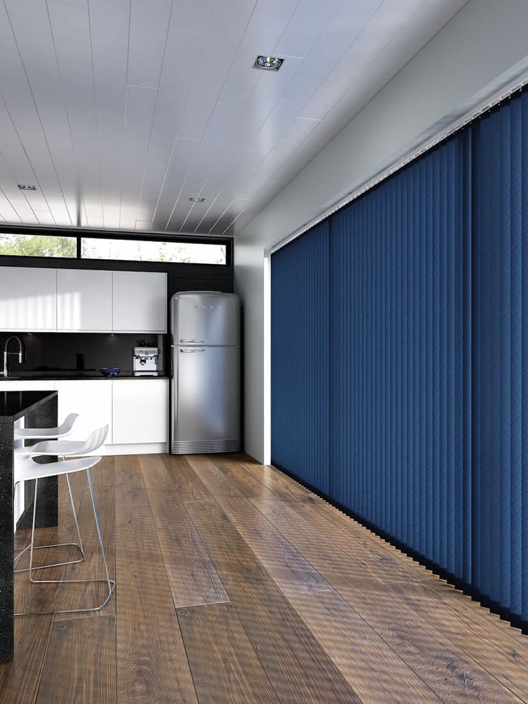 Ink blue vertical blinds in a large contemporary kitchen