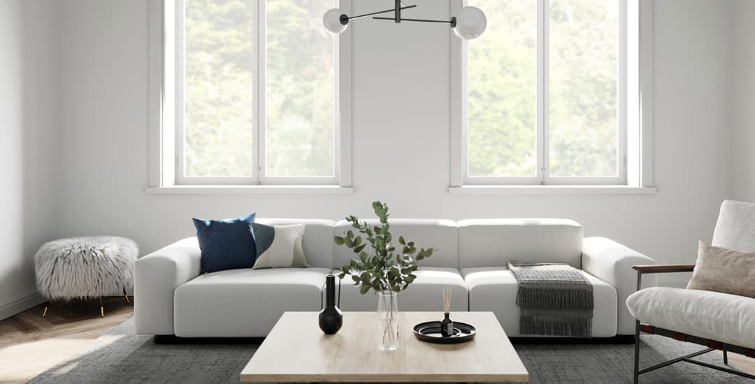 Invisible blinds in a modern white living room