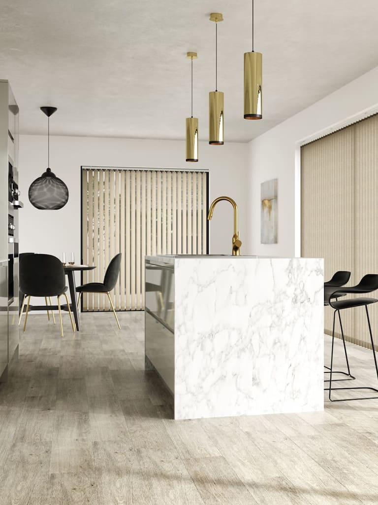 Large textured beige vertical blinds in luxury modern kitchen