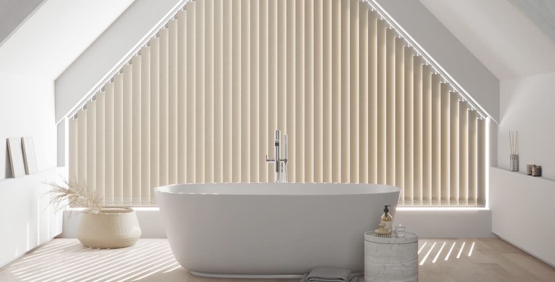 Beige custom-made sloping vertical blinds in a luxury bathroom