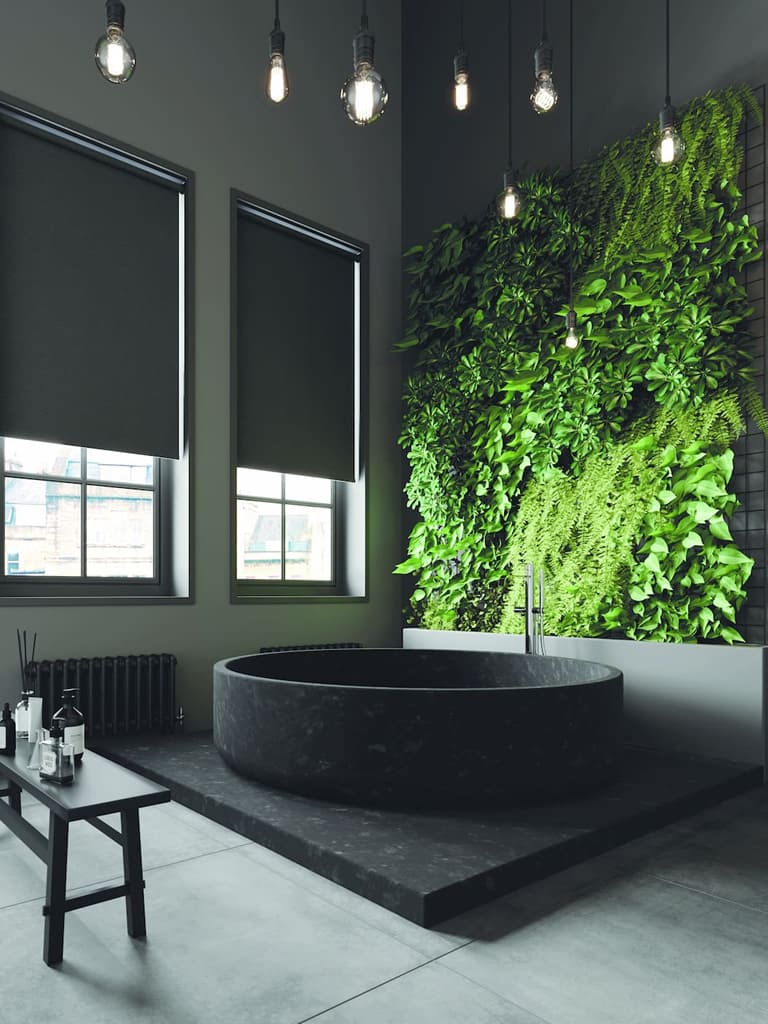 Black PVC waterproof roller blinds in dark luxury bathroom with living wall