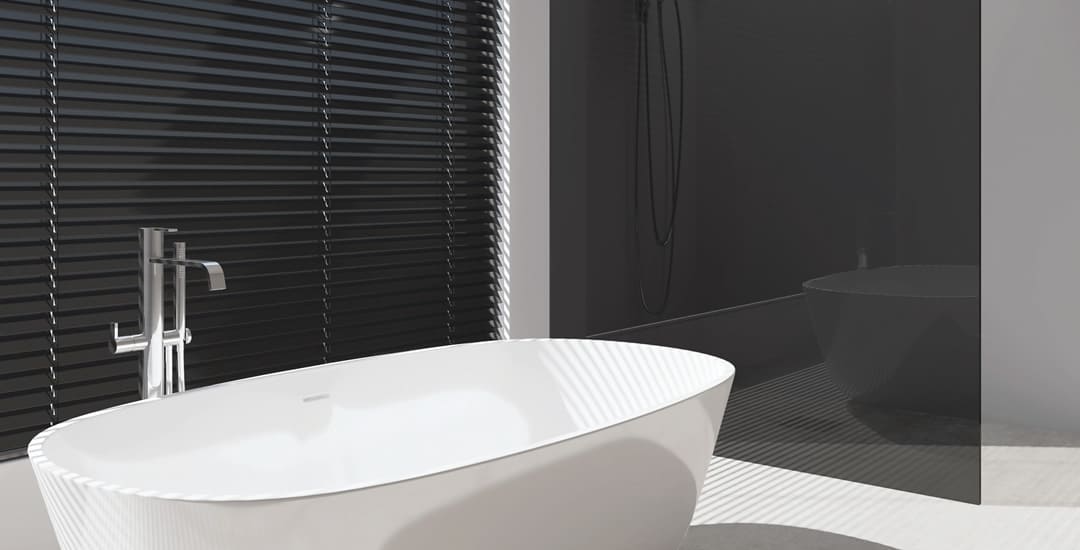 Black wooden venetian blinds in modern white bathroom