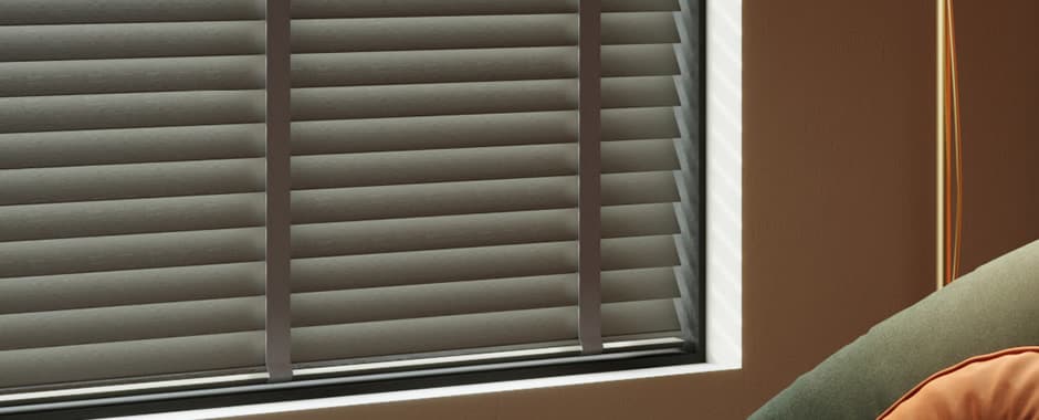 Closeup of luxury dark real wood blinds with ladder tapes