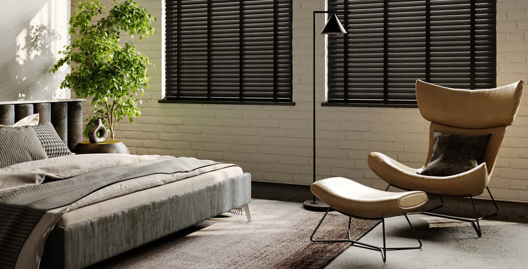 Luxurious dark real wooden blinds in a modern bedroom