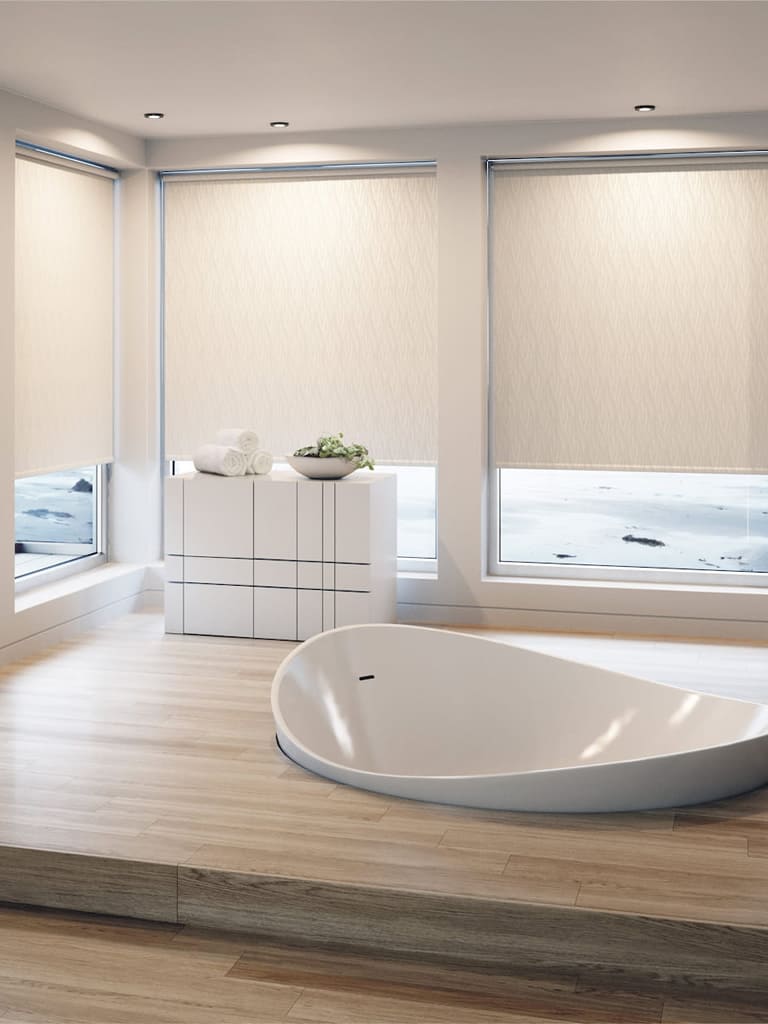 Luxury cream patterned waterproof roller blinds in modern bathroom