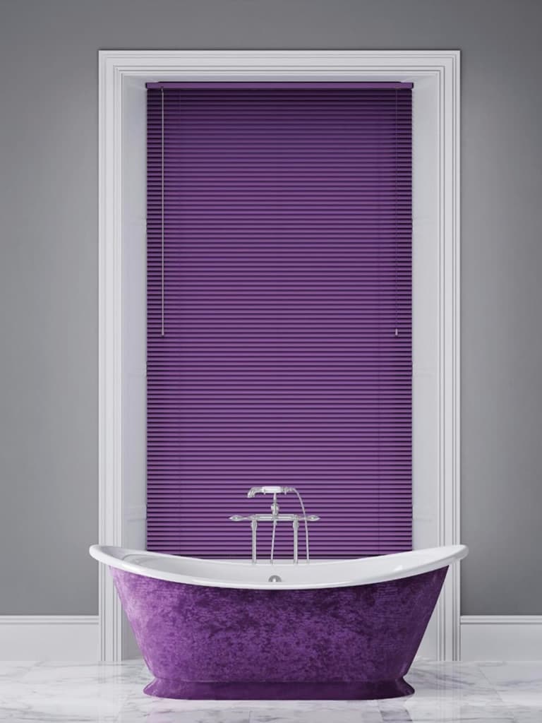 Luxury purple aluminium Venetian blinds in a modern bathroom 