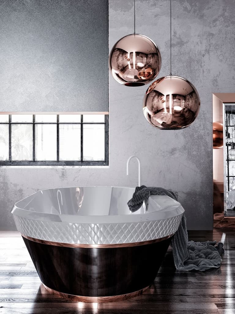 Metallic silver PVC roller blind in striking copper and grey bathroom