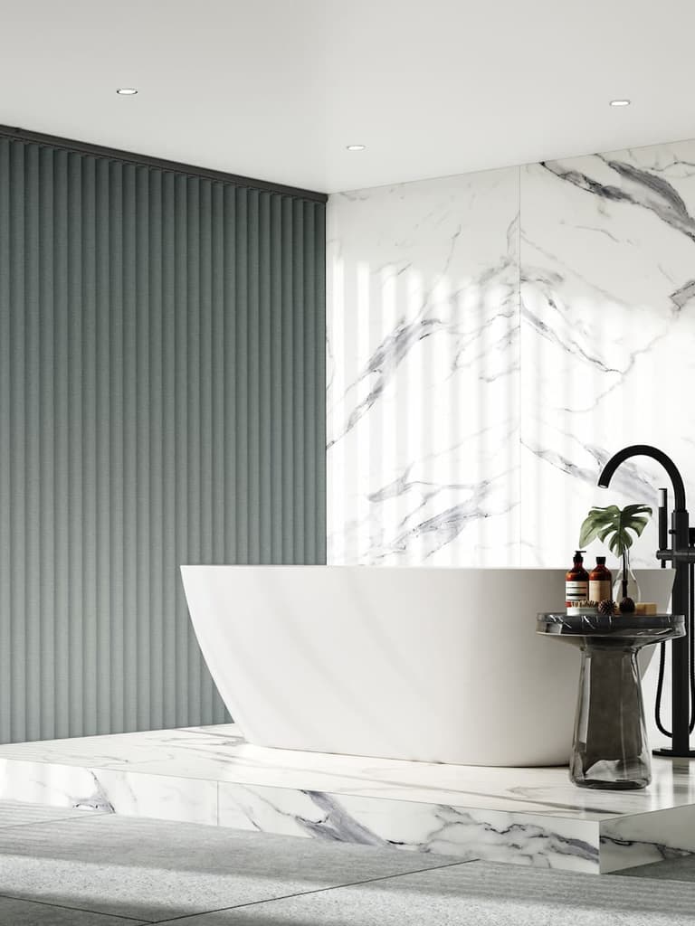 Pewter PVC vertical blinds in a large white marble bathroom