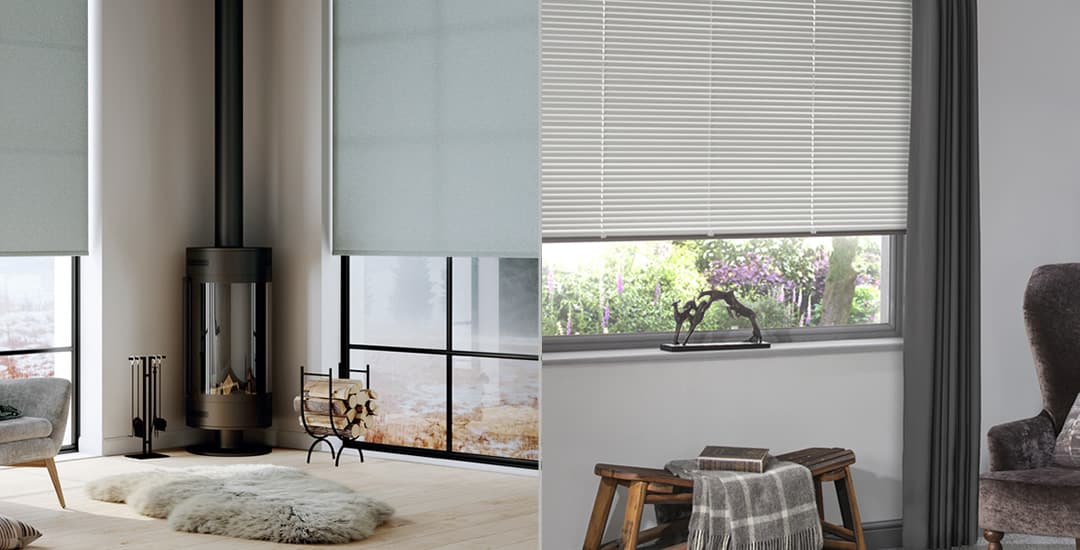 Roller blinds and Venetian blinds next to each other for comparison