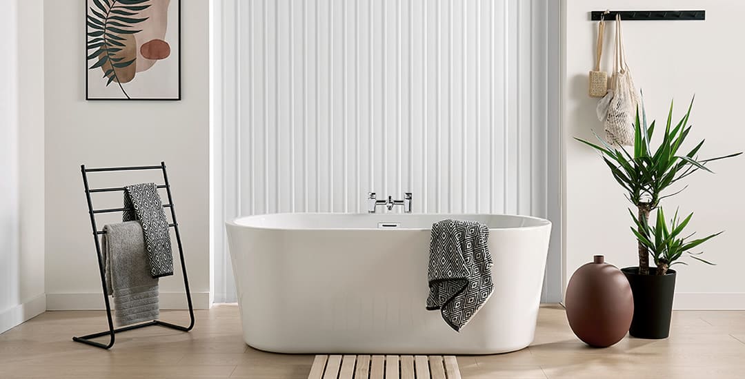 White made to measure blackout vertical blinds in a modern bathroom
