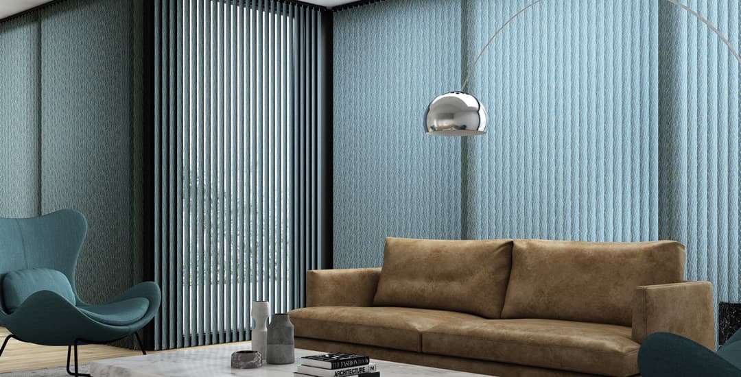 Blue patio vertical blinds in a contemporary living room