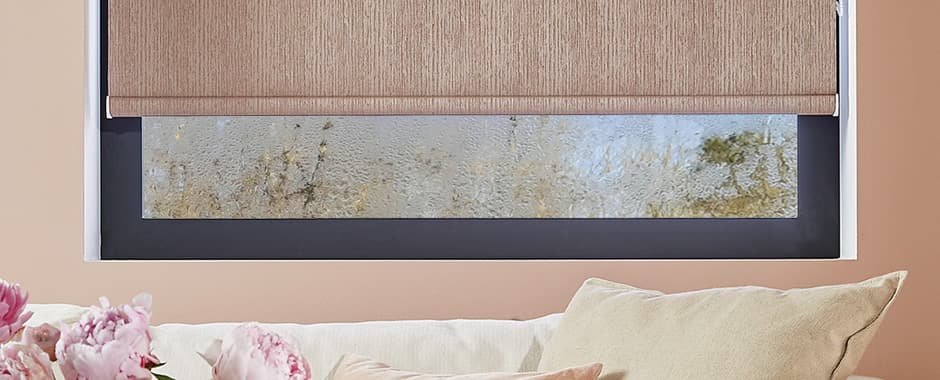 Closeup of thermal roller blind in a condensated window