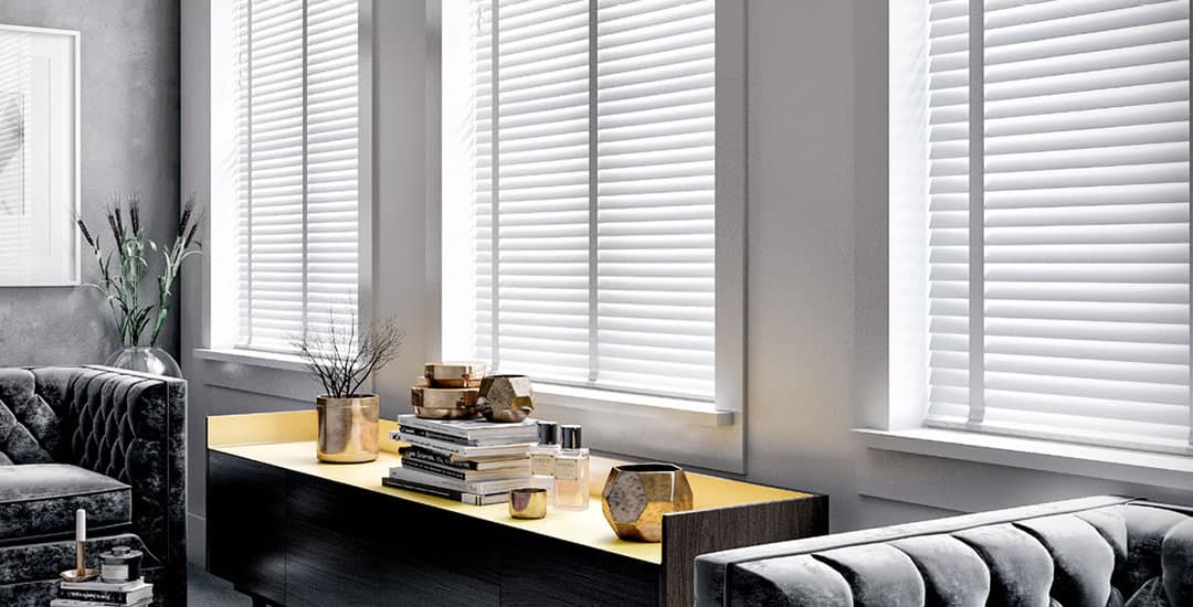 High quality light grey wooden blinds with tapes in modern living space