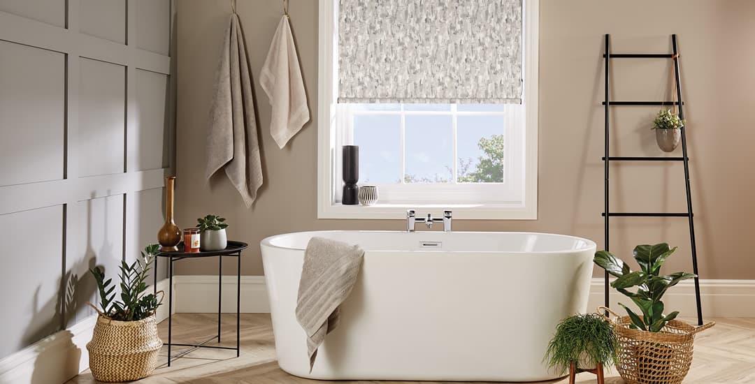 Luxury beige and grey patterned PVC roller-blind in neutral bathroom