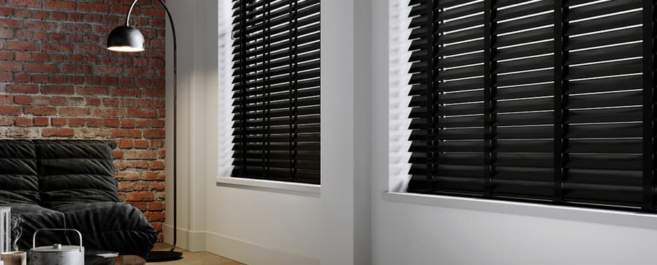Luxury black wooden blinds with tapes in a style modern apartment