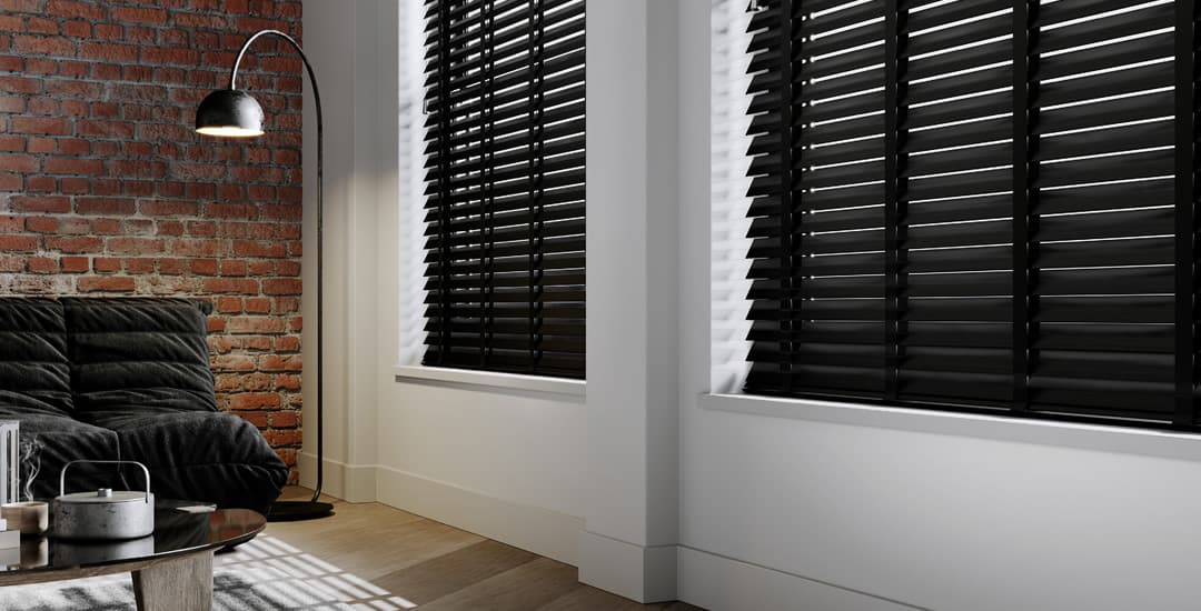 Luxury black wooden blinds with tapes in a style modern apartment