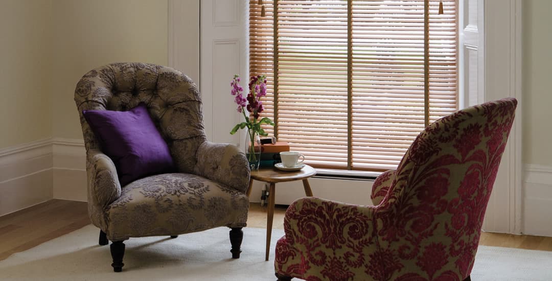 Luxury made to measure real wooden blinds with tapes in sitting room