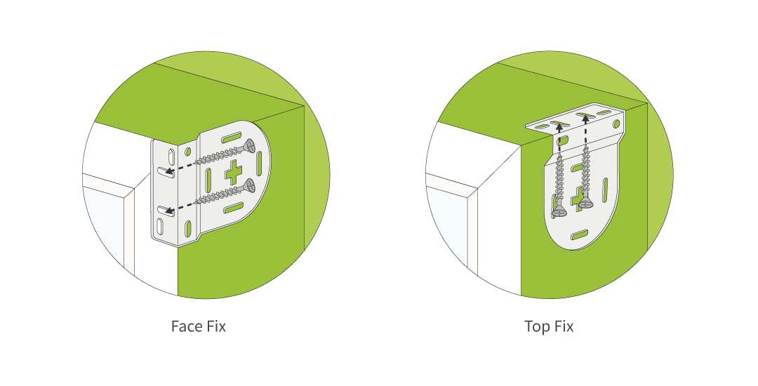 Illustration showing face fix and top fix roller blind brackets