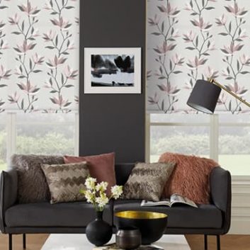 Lily patterned roller blinds in a dark brown living room