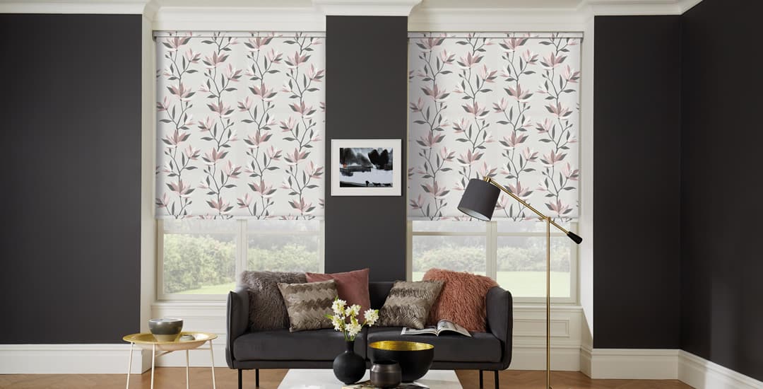 Lily patterned roller blinds in a dark brown living room