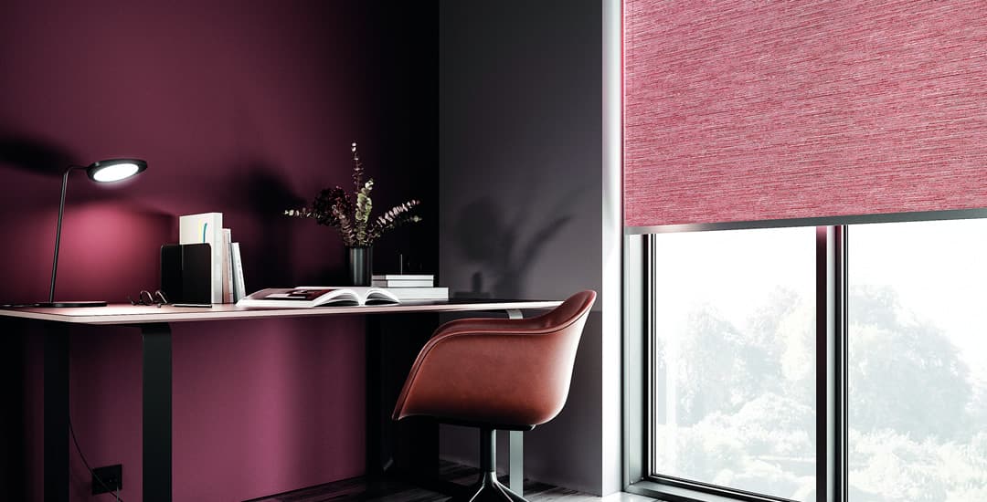 Red textured roller blind in contemporary red home study