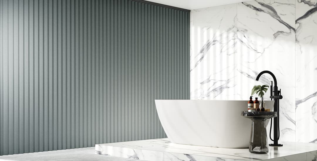 Grey PVC waterproof vertical blinds at a large bathroom window