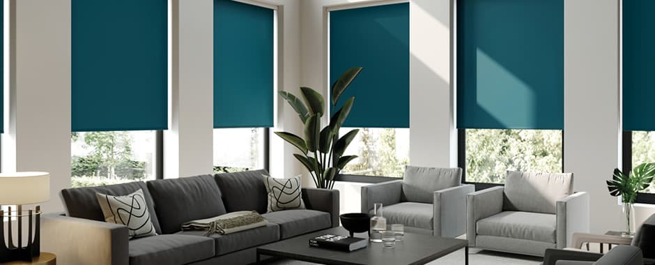 High-quality teal made-to-measure roller blinds in modern living space