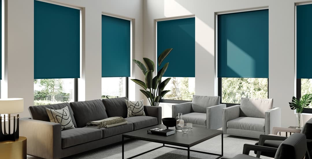 High-quality teal made-to-measure roller blinds in modern living space