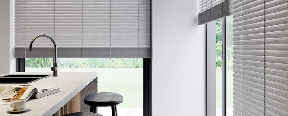 Grey faux wooden blinds in a modern kitchen