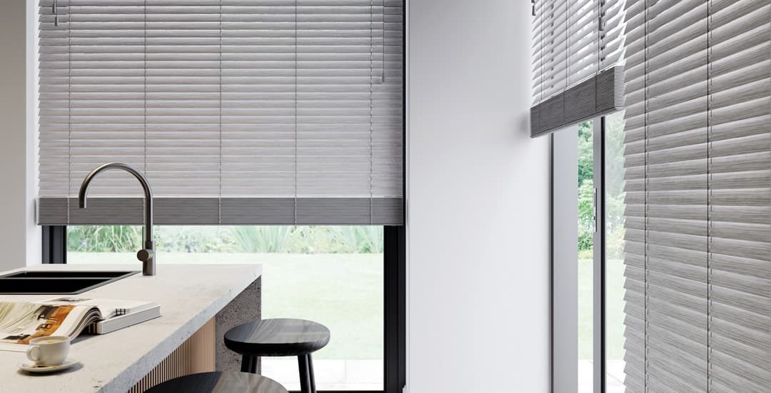 Grey faux wooden blinds in a modern kitchen