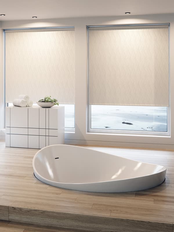 Cream patterned PVC roller blinds in a modern bathroom