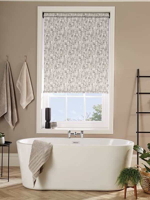 Grey patterned waterproof PVC roller blinds in a contemporary bathroom