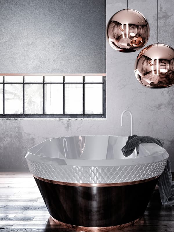 Metallic silver PVC waterproof roller blinds in a luxurious bathroom