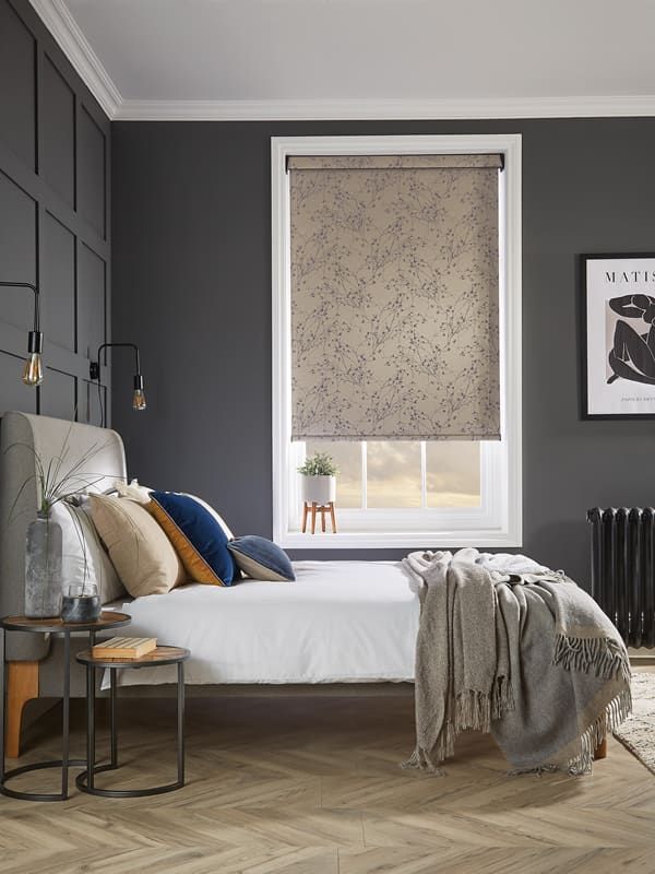 Gold floral patterned blackout roller blinds in dark grey bedroom