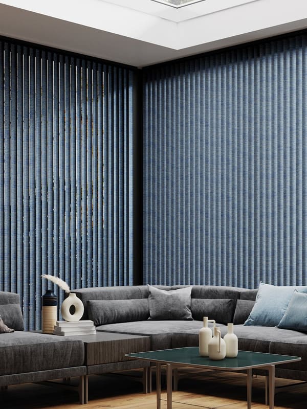 Luxury blue vertical blinds in conservatory