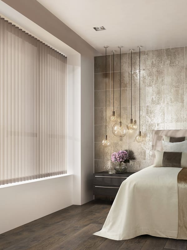 Modern beige fabric vertical blinds in a luxurious brown bedroom