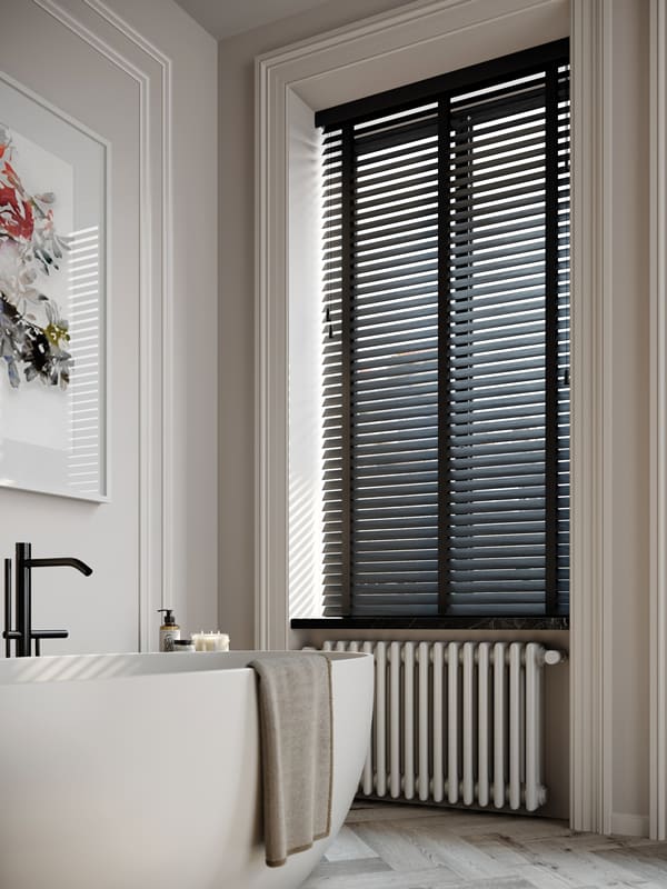 High quality black faux wooden horizontal blinds with tapes in a bathroom