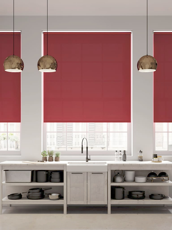 Red thermal blackout roller horizontal window blinds in large kitchen