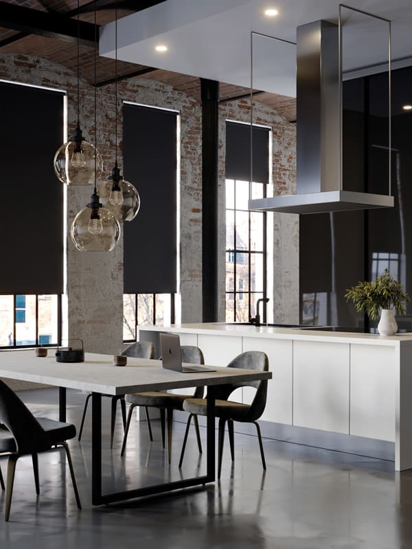 Black PVC waterproof roller blinds in an ultra-modern kitchen
