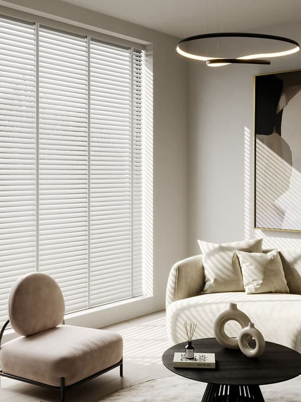 Luxury white wooden blinds with tapes in modern cream living room