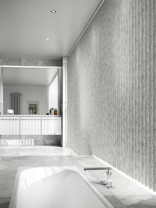 Grey PVC vertical louvre blinds in extra wide bathroom window