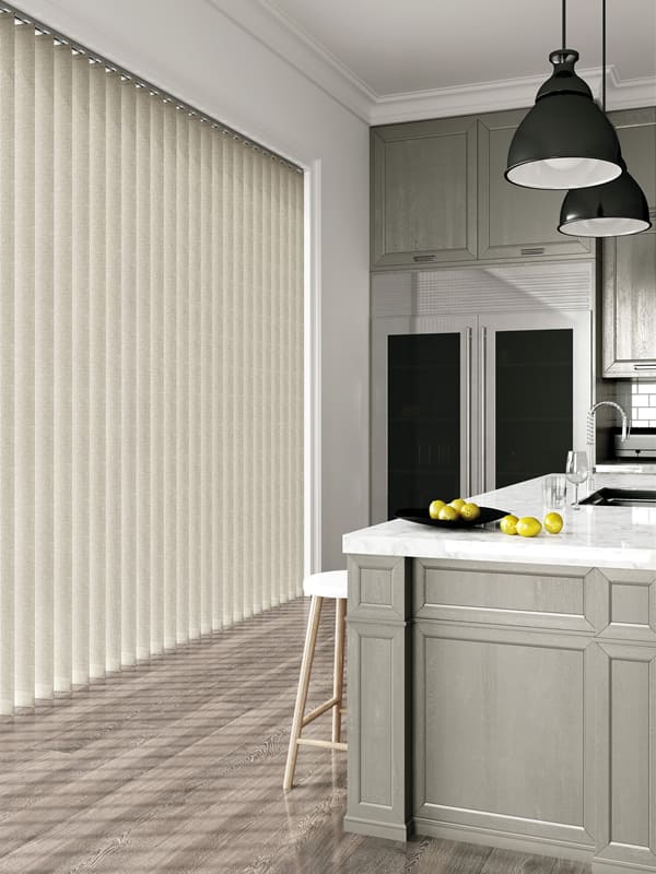 Luxury beige vertical louvre blinds in stylish kitchen patio