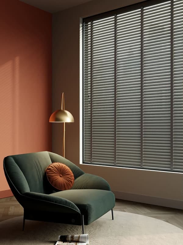 Luxury grey wooden louvre blinds with tapes in contemporary living space