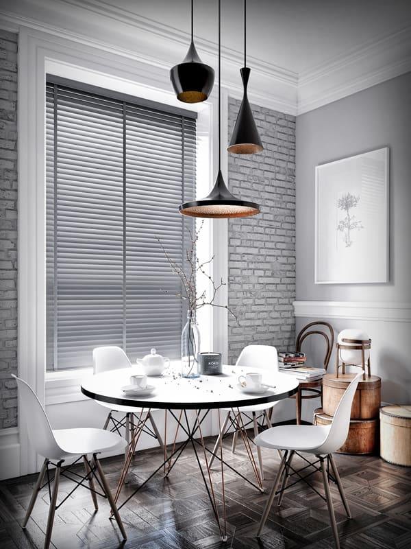 Premium quality grey real wooden louvre blinds with tapes in dining room