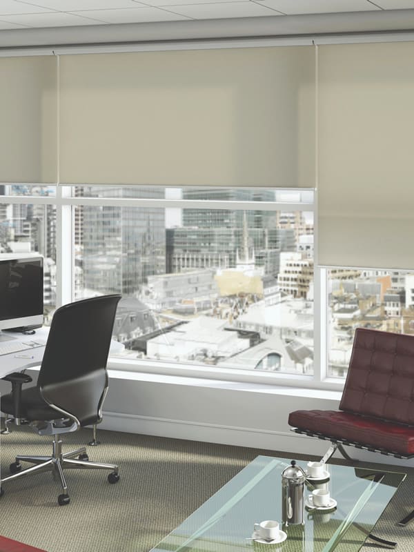 Beige light filtering contract roller blinds in office