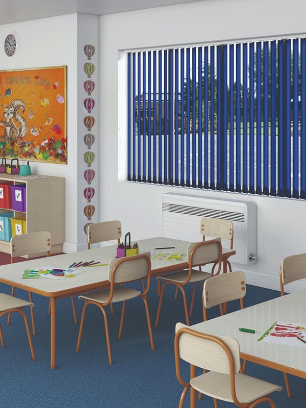 Blue fire retardant contract vertical blinds in a school classroom