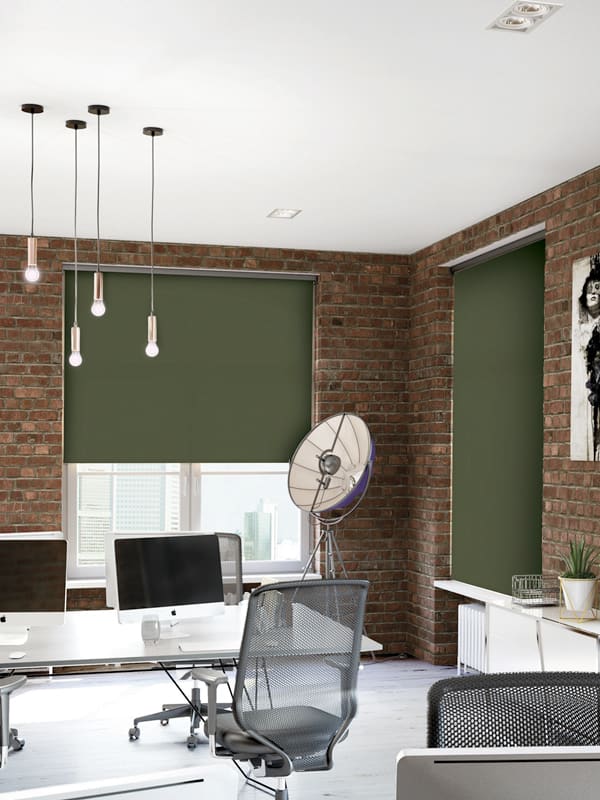 Green blackout fire-resistant roller blinds in an office
