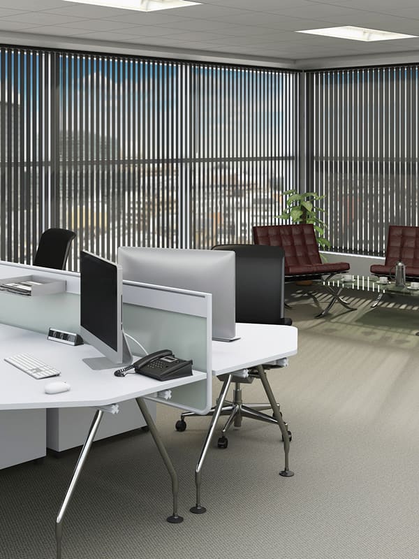 Grey fire retardant commercial vertical blinds in office