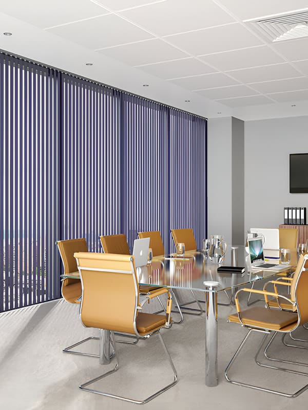 Purple contract vertical blinds in a modern conference room