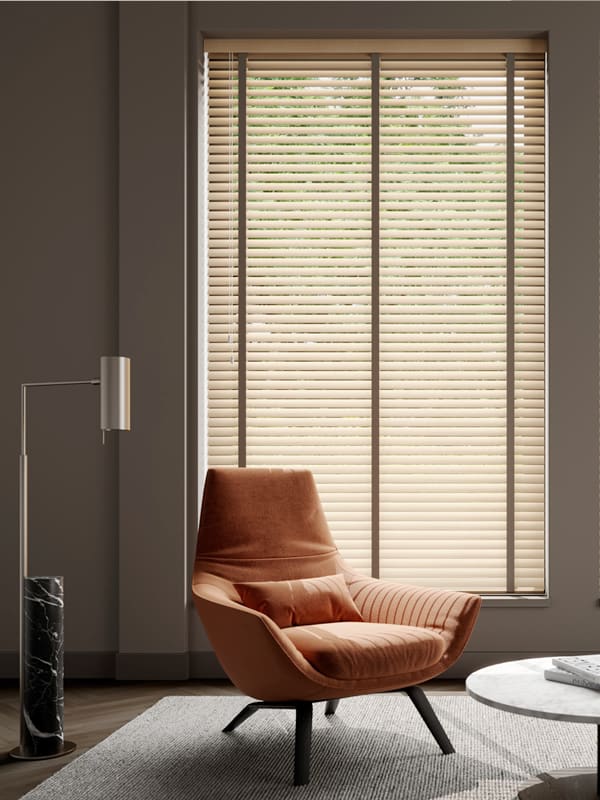 Light wood slatted blinds with contrasting tapes in sitting room